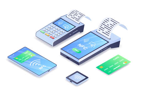 Cashless Payment machine abstract concept. Contactless payment for purchases using terminal, credit card and smartphone. Online wallet or NFS. Cartoon contemporary isometric vector illustrationのイラスト素材