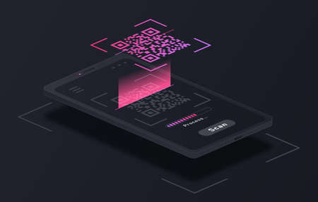 QR code verification service abstract concept. Device or scanner for reading barcodes on smartphone screen. Design element for landing pages and websites. Cartoon isometric vector illustrationのイラスト素材