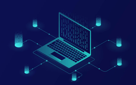 Software development abstract concept. Programming and encoding of data for laptop. Modern technologies and innovations. Design element for web. Cartoon isometric vector illustration in digital styleのイラスト素材