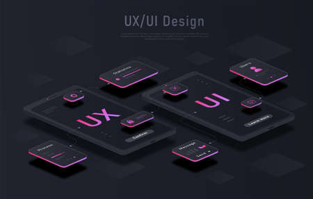 Toolkit UI UX scene creator concept. Development of user interface for mobile application on smartphone. User experience or software. Cartoon modern isometric vector illustration in digital styleのイラスト素材