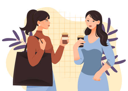 Women drink coffee abstract concept. Two young girls in stylish clothes holding cups with hot drink and talking outdoors. Meeting friends or communication. Cartoon modern flat vector illustrationのイラスト素材
