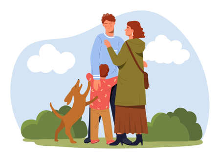 Happy family abstract concept. Mother and father walking in park with their little son and dog. Couple spends time with child and pet. Cartoon flat vector illustration isolated on white backgroundのイラスト素材