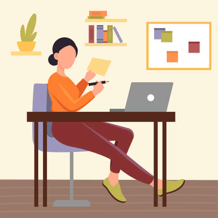 Home Office concept. Woman sitting at her workplace and working on laptop. Freelance or remote profession. Comfortable conditions for employee and flexible schedule. Cartoon flat vector illustrationのイラスト素材