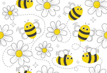 Colorful pattern with bees and flowers. Seamless pattern with flying insects and daisies. Hand drawn design element for social networks or packaging of honey products. Cartoon flat vector illustrationのイラスト素材