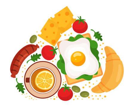 Food Breakfast set. Snack with delicious sandwich with egg and salad, grilled sausage, tomatoes, cheese, croissant and hot tea with lemon. Healthy food or diet. Cartoon flat vector illustrationのイラスト素材