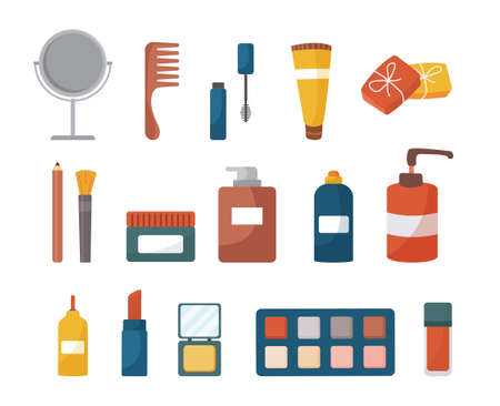 Care and decorative cosmetics set. Stickers with cosmetics tubes, comb, lipstick, mirror, powder and eye shadow. Design elements for web. Cartoon flat vector collection isolated on white backgroundのイラスト素材