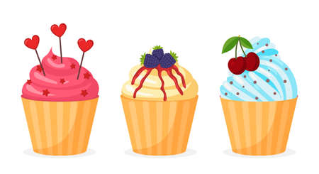Set of sweet cupcakes. Stickers with delicious pastries with fruit or vanilla cream, syrup, berries and decorations. Design element for web. Cartoon flat vector collection isolated on white backgroundのイラスト素材