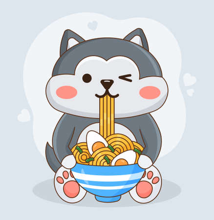Cute shiba inu dog eating ramen concept. Fluffy smiling puppy sits on floor and eats noodles with eggs and greens. Japanese or Korean cuisine restaurant. Cartoon modern flat vector illustrationのイラスト素材