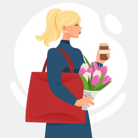 Girl with coffee and flowers abstract concept. Stylish woman holds beautiful bouquet and cup of hot drink. Beautiful female character drinks tea outdoors. Cartoon modern flat vector illustrationのイラスト素材
