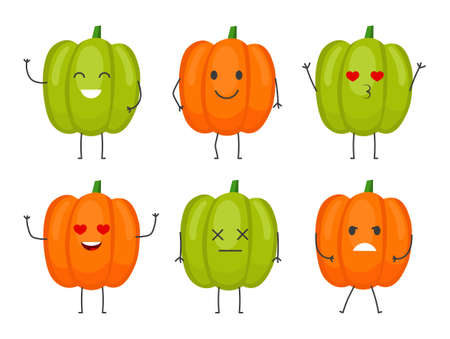 Set of cute Bulgarian peppers. Green and red paprika with faces with different emotions. Smiling vegetables for advertising and printing. Cartoon flat vector collection isolated on white backgroundのイラスト素材