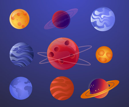 Set of realistic planets. Sticker with Earth, Mars, Jupiter, Saturn, Mercury, Venus, Neptune, Pluto and Uranus. Design elements for printing. Cartoon flat vector collection isolated on blue backgroundのイラスト素材