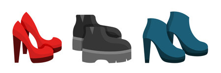 Set of various women shoes. Stickers with footwear, heels, boots and ankle boots. Stylish clothes. Design elements for social networks. Cartoon flat vector collection isolated on white backgroundのイラスト素材