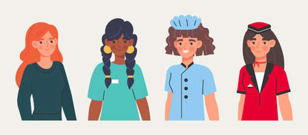 Set of women of different professions. Female characters doctor, flight attendant, cook and entrepreneur. Successful employees in uniform. Cartoon flat vector collection isolated on white backgroundのイラスト素材