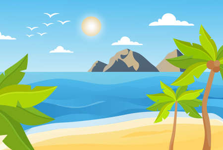 Beach landscape abstract concept. Colorful poster with tropical island with mountains, beach, ocean, sun and palm trees. Nature and environment. Cartoon contemporary flat vector illustrationのイラスト素材