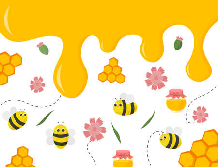 Colorful poster with bees. Template with realistic flowing honey, striped insects, flowers, jar and honeycombs. Design element for packaging and social networks. Cartoon flat vector illustrationのイラスト素材