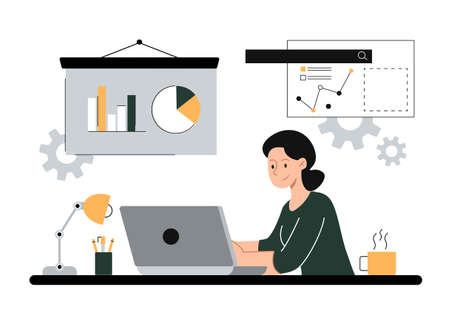 Business woman abstract concept. Female character sitting at workplace, working on laptop, performing tasks and analyzing data. Efficiency and multitasking. Cartoon modern flat vector illustrationのイラスト素材