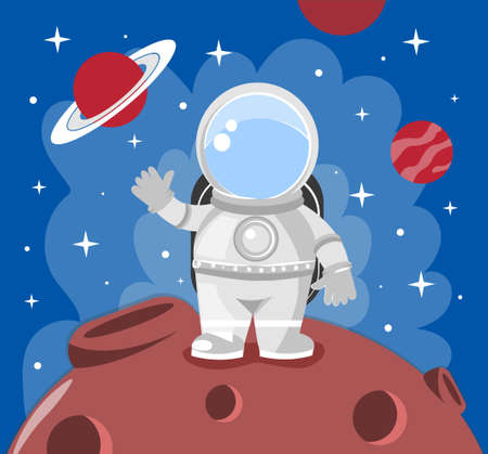 Cute astronaut abstract concept. Character with spacesuit travels in outer space and waves his hand standing on moon. Outer space with planets, comets and stars. Cartoon flat vector illustrationのイラスト素材