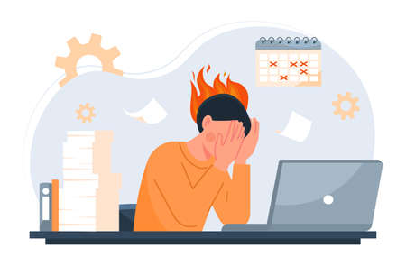 Burning deadline abstract concept. Young tired man with emotional burnout sitting at his desk and working on laptop. Busy, overstressed employee. Cartoon contemporary flat vector illustrationのイラスト素材