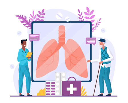 Radiologist abstract concept. Man doctor takes X ray of elderly grandfather lungs and talk about his health. Computed tomography of organs for diagnosis and treatment. Cartoon flat vector illustrationのイラスト素材