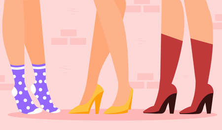 Set of different women legs. Beautiful feet of female characters in socks, boots and heels. Colorful design element for social networks, posters and advertising. Cartoon flat vector illustrationのイラスト素材