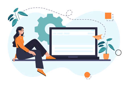 Freelance or studying concept. Young woman sitting next to laptop, doing project and smiling. Remote work or home office. Flexible schedule and comfortable conditions. Cartoon flat vector illustrationのイラスト素材