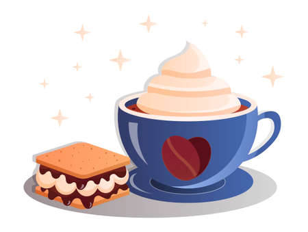 Hot drink with cake abstract concept. Colorful poster with coffee with cream, tiramisu and chocolate. Delicious sweet dessert. Design element for cafe poster. Cartoon realistic vector illustrationのイラスト素材