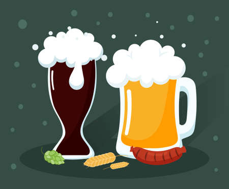 International beer day abstract concept. Green poster with light and dark beer in large glass mugs, Bavarian sausage and ear of wheat. Design element for postcard. Cartoon flat vector illustrationのイラスト素材