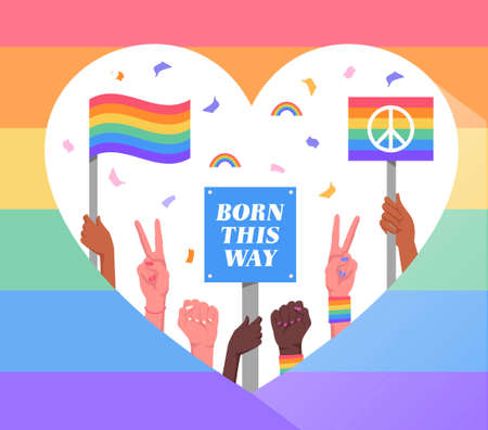 Community concept. Hands holding flags with rainbow, inscriptions and peace sign. Pride month or  parade. Poster with people of non traditional orientation. Cartoon flat vector illustrationのイラスト素材