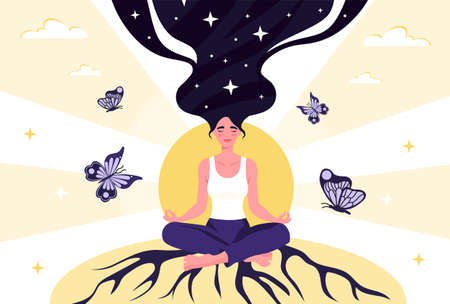 Meditation and recovery concept. Young woman with long hair sitting in lotus position next to shining sun, butterflies and tree roots. Enlightenment and mental health. Cartoon flat vector illustrationのイラスト素材