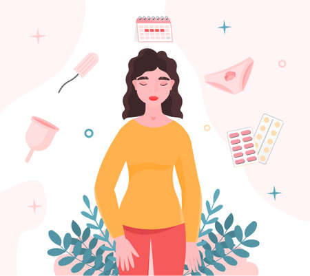 Young girl happy to have menstrual period. Various hygiene products for women. Tampons, menstrual cup, underpants, medications and calendar cycle. Women health. Cartoon flat vector illustrationのイラスト素材
