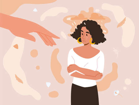 Psychotherapy, counseling and psychological support concept. Lonely girl cries, feels stress, depression and anxiety. Outstretched hand offers mental help. Cartoon modern flat vector illustrationのイラスト素材