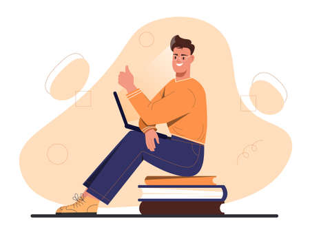 Student with laptop on knees. Man sitting on stack of books and studying online cours. Guy uses social networks or Internet. Remote education at university or school. Cartoon flat vector illustrationのイラスト素材