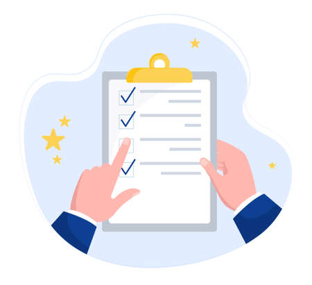To do list abstract concept. Men hands hold clipboard and mark completed tasks with ticks. Time management Metaphor. Survey or points of agreement. Cartoon contemporary flat vector illustrationのイラスト素材