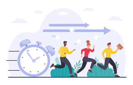 Work time management abstract concept. Young Men and women run out of time and late. Employees break deadlines. Low team productivity and time limit. Cartoon contemporary flat vector illustrationのイラスト素材