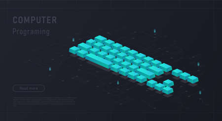 Computer isometric keyboard. Abstract pictures, modern technologies and digital world. Stylish graphic elements for landing page. IT and programmers, innovations. Volumetric vector illustrationのイラスト素材