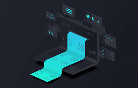 Financial report concept. Modern technologies and work with information. Documents and knowledge...