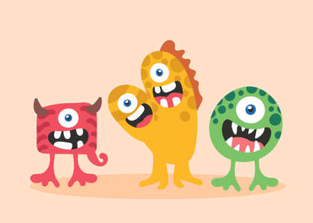 Colorful monsters set. Characters for cartoons or printing on children clothing. Imagination and fantasy. Stickers for social networks. Cartoon flat vector illustration isolated on yellow backgroundのイラスト素材