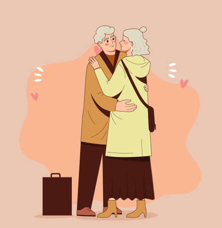 Couple of old ones. Elderly man and woman kissing. Wife accompanies her husband, meeting after trip. Strong relationship. Decoration for greeting and invitation cards. Cartoon flat vector illustrationのイラスト素材