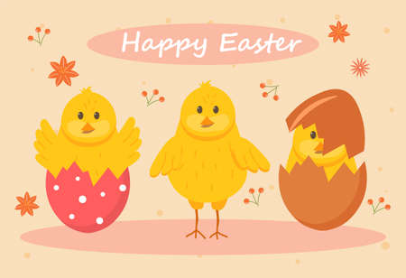 Easter eggs with chick. Beautiful postcards or pictures. Spring holiday, traditions and religion. Pattern for printing on clothes. Banner or poster for website. Cartoon flat vector illustrationのイラスト素材