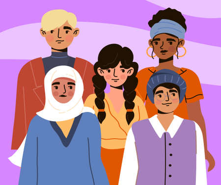 Group of people. Concept of diversity of society, equality and unity. Persons of different races and cultures, crowd. Friendly characters, banner or poster design. Cartoon flat vector illustrationのイラスト素材