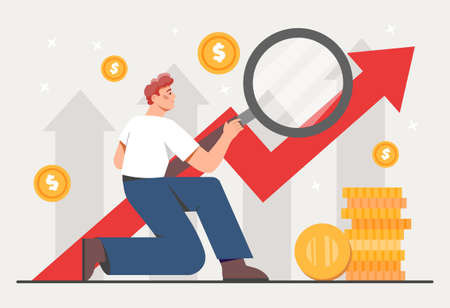 Concept of finance. Businessman with magnifying glass looks at graphs and charts. Increase in income for entrepreneur or company. Money and financial literacy. Cartoon flat vector illustrationのイラスト素材