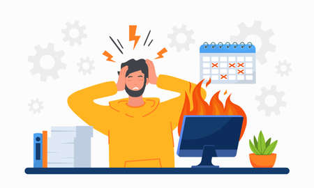 Concept of deadline. Man at workplace holds his hands behind his head. Character afraid of not being able to finish project on time. Fatigue and emotional burnout. Cartoon flat vector illustrationのイラスト素材