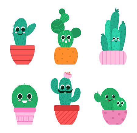 Set of cactus. Collection of images for children, stickers for social networks. Cute images to print on clothes. Mexican plants. Cartoon flat vector illustration isolated on white backgroundのイラスト素材