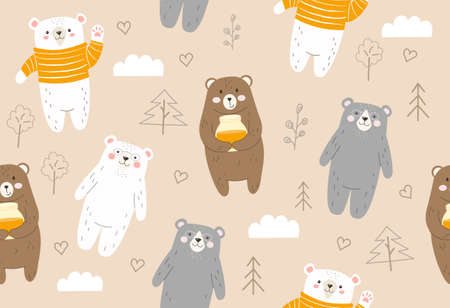 Seamless pattern with bears. Characters with honey. Repeating image for printing on wrapping paper and linens. Picture for children, poster or banner for website. Cartoon flat vector illustrationのイラスト素材