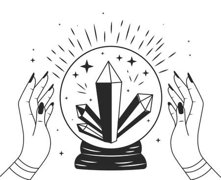Magic crystal ball. Mystical and magical ritual. Clairvoyant and witch. Prediction of future, invisible energy. Minimalistic picture, sketch. Superpowers, witchcraft. Cartoon flat vector illustrationのイラスト素材