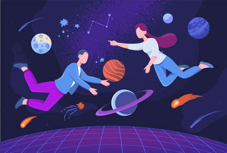 Concept of metaverse. Man and woman fly in space with no gravity. Modern technologies and...