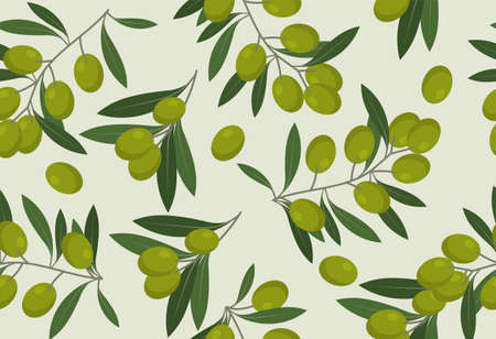 Olives seamless pattern. Repeating simple picture with foliage. Stylish design for site with natural and organic products. Vegetarians picture, poster, advertising. Cartoon flat vector illustrationのイラスト素材