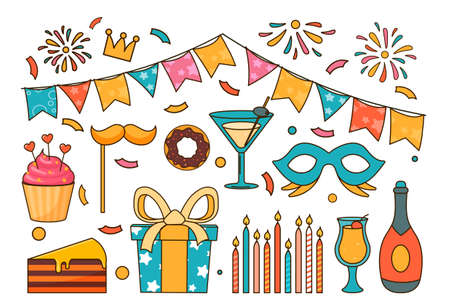 Set of birthday. Collection of decorations for holiday decoration. Party and entertainment with friends. Graphic elements for website. Cartoon flat vector illustrations isolated on white backgroundのイラスト素材
