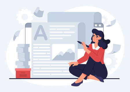 Woman write blog. Young blogger typing article. Modern technologies and digital world. New trends...