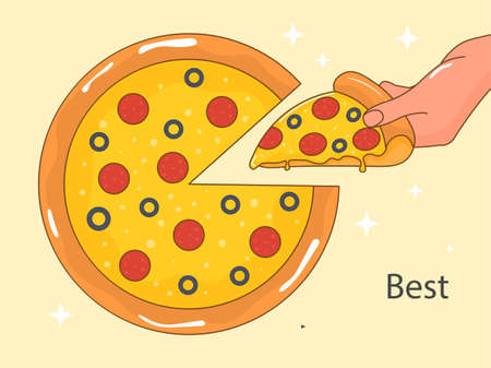 Hand with pizza. Traditional Italian cuisine and fast food. Dish from cafes, restaurants and catering outlets. Slice, best, promotional poster or banner, marketing. Cartoon flat vector illustrationのイラスト素材